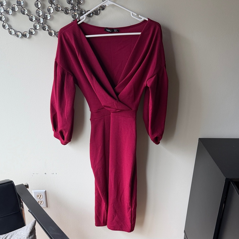 Boohoo Deep Red Long Sleeve Dress